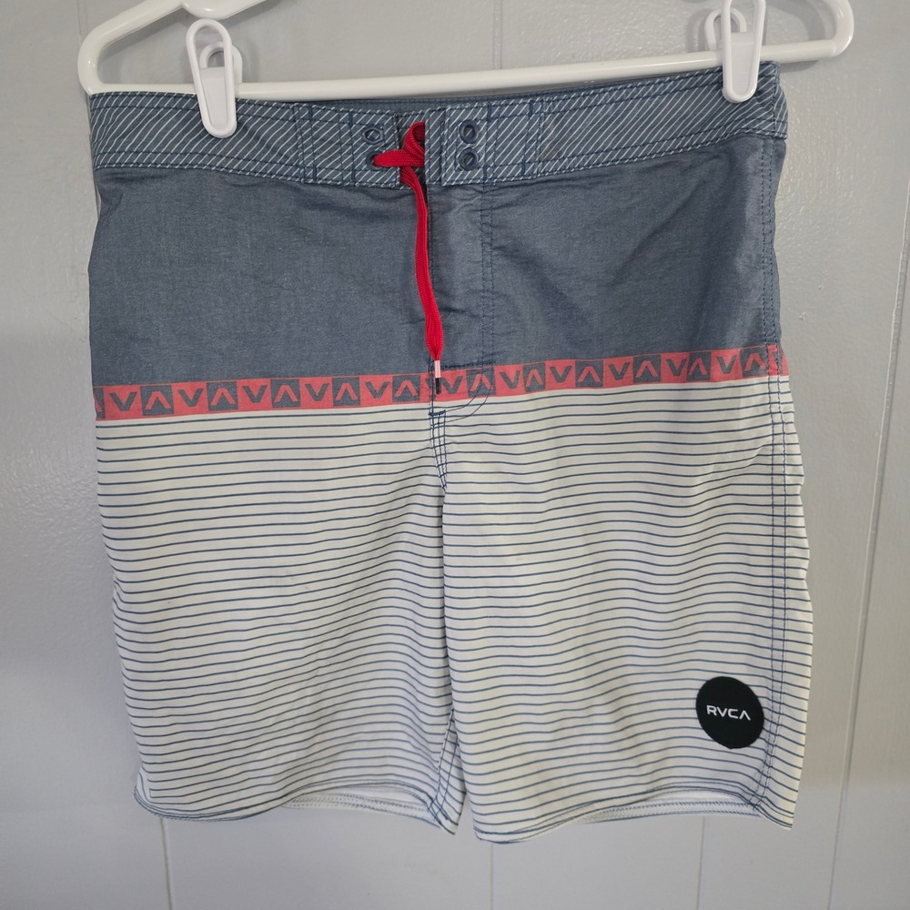 RVCA Board‎ Shorts Boys 29 Blue White Striped Excellent Vintage Swim Trunks